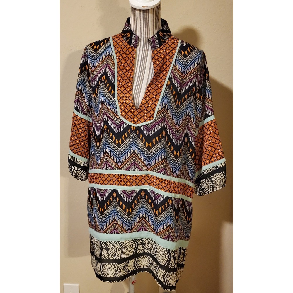 THML Womens Geometric Tribal Print Split Neck Tunic Top Orange Blue Black Large